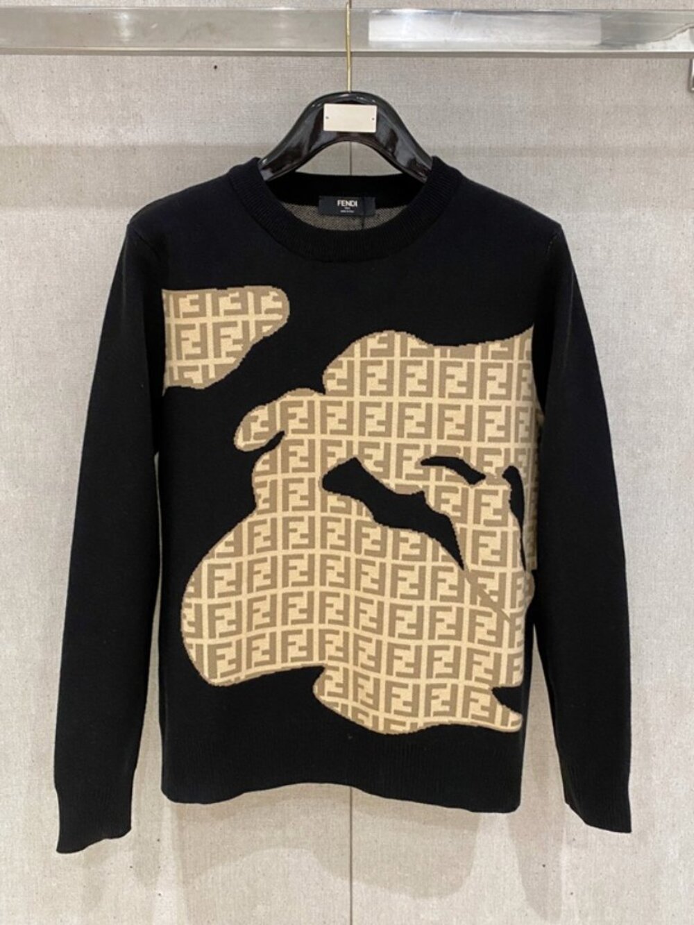 Fendi Black Crewneck Sweater FF Logo Bear Intarsia Knit